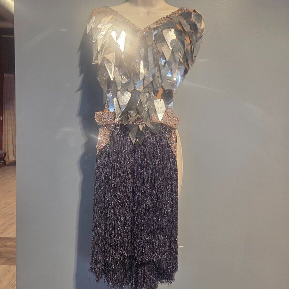 VESA SILVER FRINGE LATIN RHYTHM BALLROOM DRESS - Picture 4 of 13